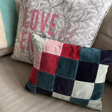 Load image into Gallery viewer, Blue mix Patchwork Velvet fabric rectangle lumbar cushion 34 x 43cm