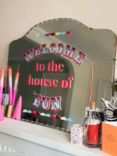 Load image into Gallery viewer, ‘Welcome to the house of fun’ vintage scalloped edge mirror