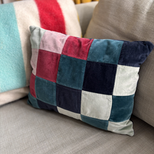 Load image into Gallery viewer, Blue mix Patchwork Velvet fabric rectangle lumbar cushion 34 x 43cm