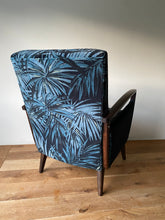Load image into Gallery viewer, Mid Century Atomic armchair sustainably reupholstered in Linwood butterfly palm