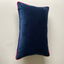 Load image into Gallery viewer, Stripey piping lumbar navy velvet cushion - rainbow stripe