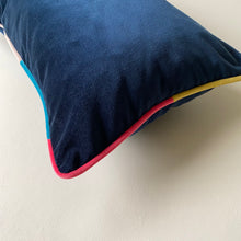 Load image into Gallery viewer, Stripey piping lumbar navy velvet cushion - rainbow stripe