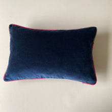 Load image into Gallery viewer, Stripey piping lumbar navy velvet cushion - rainbow stripe