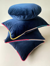 Load image into Gallery viewer, Stripey piping lumbar navy velvet cushion - rainbow stripe