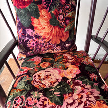 Load image into Gallery viewer, Retro painted lattice back easy wooden chair - Sanderson Very Peony velvet cushions

