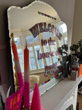 Load image into Gallery viewer, ‘Welcome to the house of fun’ vintage scalloped edge mirror
