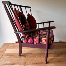 Load image into Gallery viewer, Retro painted lattice back easy wooden chair - Sanderson Very Peony velvet cushions
