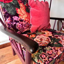 Load image into Gallery viewer, Retro painted lattice back easy wooden chair - Sanderson Very Peony velvet cushions
