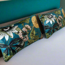 Load image into Gallery viewer, Rectangle Passiflora print velvet piped cushion
