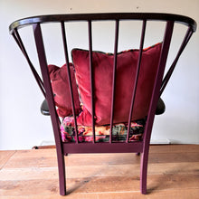 Load image into Gallery viewer, Retro painted lattice back easy wooden chair - Sanderson Very Peony velvet cushions
