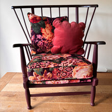 Load image into Gallery viewer, Retro painted lattice back easy wooden chair - Sanderson Very Peony velvet cushions
