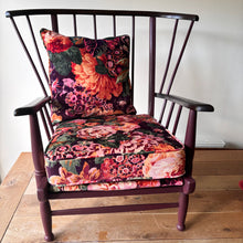 Load image into Gallery viewer, Retro painted lattice back easy wooden chair - Sanderson Very Peony velvet cushions
