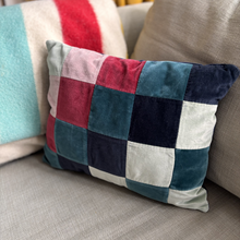 Load image into Gallery viewer, Blue mix Patchwork Velvet fabric rectangle lumbar cushion 34 x 43cm
