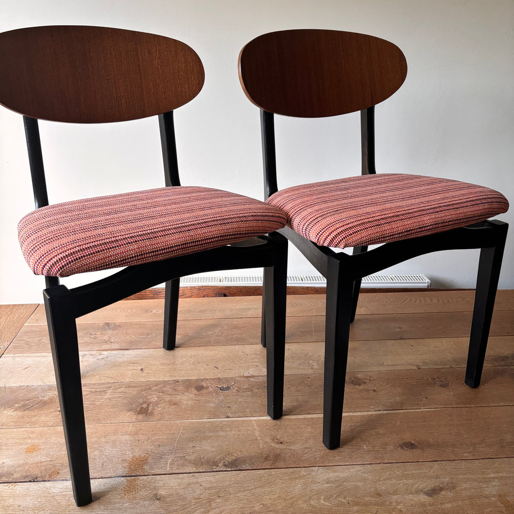 Pair of refurbished striped coral Retro MCM dinning room or home office chairs