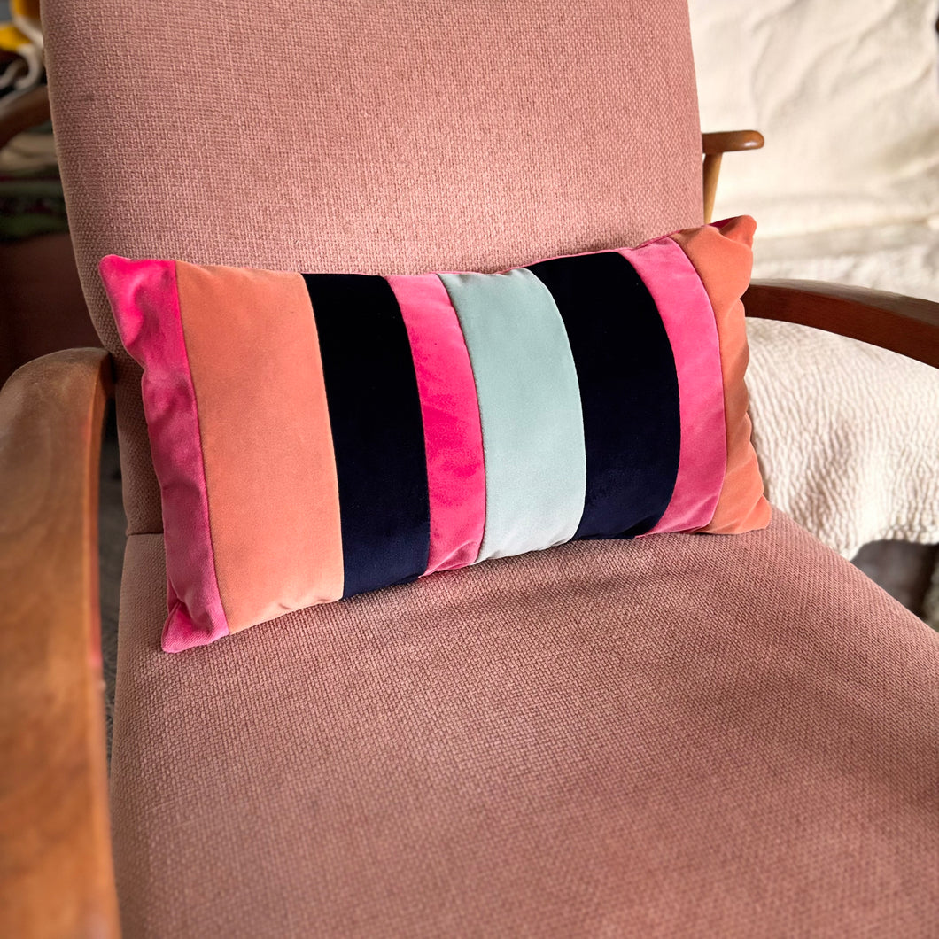 Striped Velvet Lumbar Cushion: Pink, Coral & Navy - Handmade