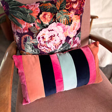 Load image into Gallery viewer, Striped Velvet Lumbar Cushion: Pink, Coral &amp; Navy - Handmade
