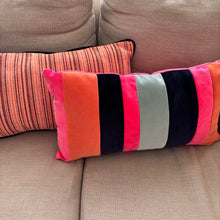 Load image into Gallery viewer, Striped Velvet Lumbar Cushion: Pink, Coral &amp; Navy - Handmade
