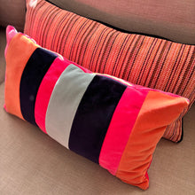 Load image into Gallery viewer, Striped Velvet Lumbar Cushion: Pink, Coral &amp; Navy - Handmade
