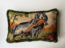 Load image into Gallery viewer, Large vintage hunting dog needlepoint fringed rectangle cushion
