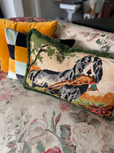 Load image into Gallery viewer, Large vintage hunting dog needlepoint fringed rectangle cushion
