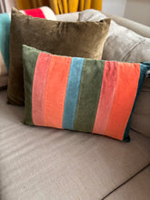 Load image into Gallery viewer, Green, coral mix stripe Velvet fabric rectangle lumbar cushion 37 x 49cm
