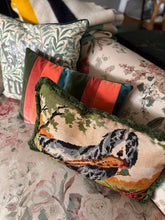 Load image into Gallery viewer, Large vintage hunting dog needlepoint fringed rectangle cushion
