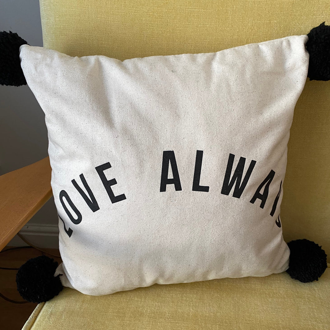 Love Always pom pom trim 34cm square handmade cushion