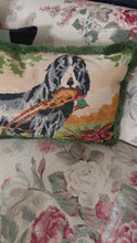 Load and play video in Gallery viewer, Large vintage hunting dog needlepoint fringed rectangle cushion
