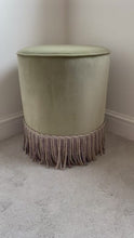Load and play video in Gallery viewer, Sage green velvet fringed pouffe

