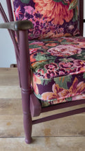 Load and play video in Gallery viewer, Retro painted lattice back easy wooden chair - Sanderson Very Peony velvet cushions
