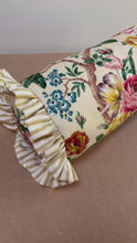 Load and play video in Gallery viewer, Vintage floral print ruffle bolster 43 x 18 cm handmade cushion

