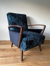 Load image into Gallery viewer, Mid Century Atomic armchair sustainably reupholstered in Linwood butterfly palm
