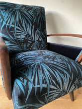 Load image into Gallery viewer, Mid Century Atomic armchair sustainably reupholstered in Linwood butterfly palm
