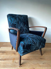 Load image into Gallery viewer, Mid Century Atomic armchair sustainably reupholstered in Linwood butterfly palm
