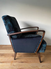 Load image into Gallery viewer, Mid Century Atomic armchair sustainably reupholstered in Linwood butterfly palm
