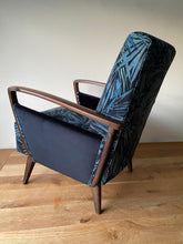 Load image into Gallery viewer, Mid Century Atomic armchair sustainably reupholstered in Linwood butterfly palm
