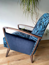 Load image into Gallery viewer, Mid Century Atomic armchair sustainably reupholstered in Linwood butterfly palm
