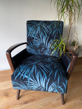 Load image into Gallery viewer, Mid Century Atomic armchair sustainably reupholstered in Linwood butterfly palm
