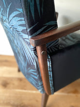 Load image into Gallery viewer, Mid Century Atomic armchair sustainably reupholstered in Linwood butterfly palm
