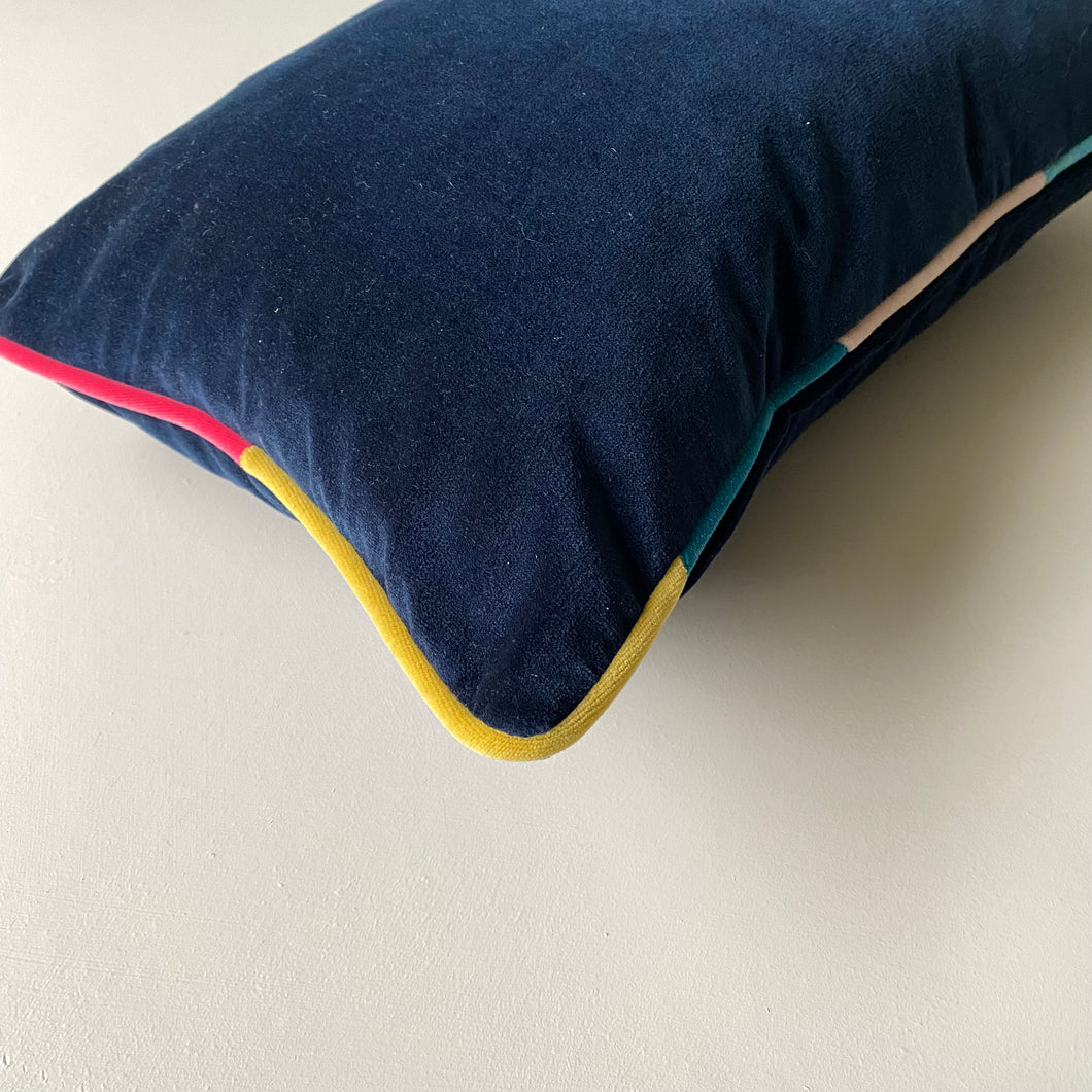 Stripey piping lumbar navy velvet cushion - rainbow stripe